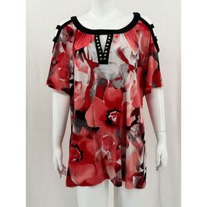 Jennie & Marlis Top Womens 3X Red Black Floral Caged Cold Shoulder Studded Artsy